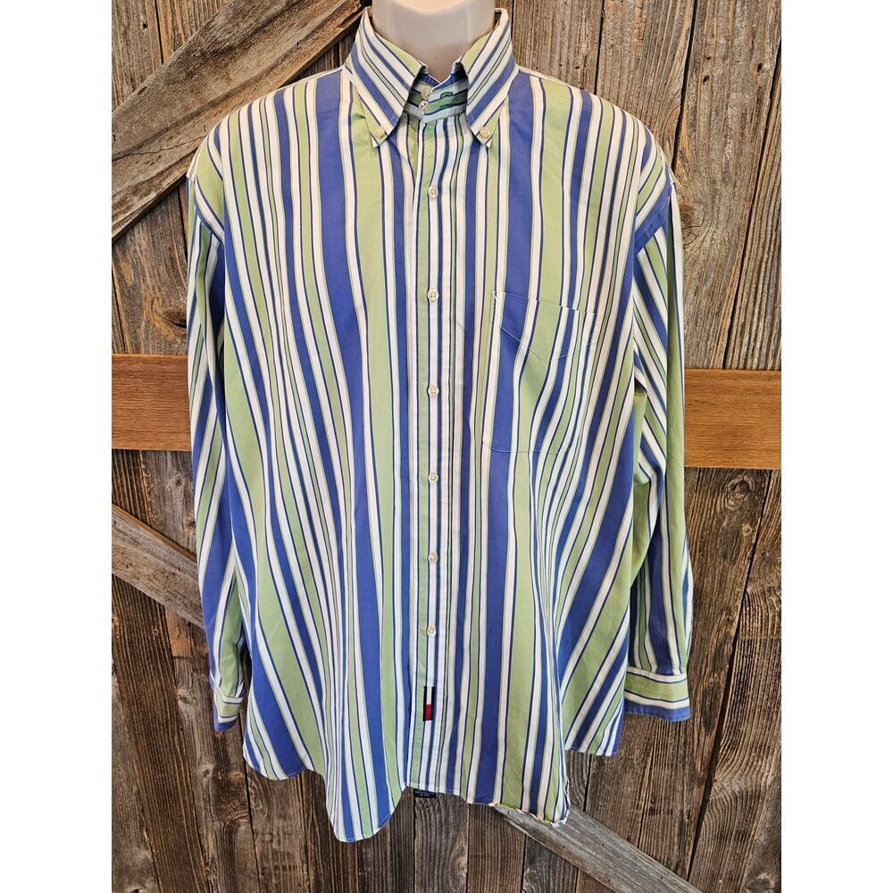 2 button collar band Tommy hilfiger size 17.5 - 35 XL green blue long sleeve EUC